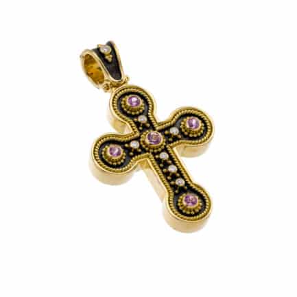 Sapphire Byzantine Cross Pendant 18k Yellow Gold