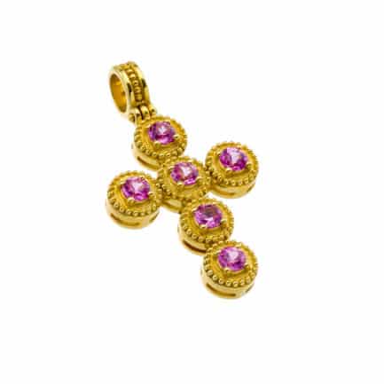 Byzantine Pink Sapphire Cross Pendant 18k Yellow Gold