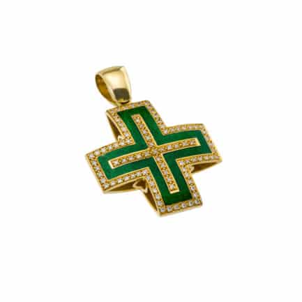 Diamonds and Green Enamel Pendant Cross 18k Solid Gold