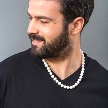 Coral rough 10mm Men's Beaded Necklace in Sterling Silver 925