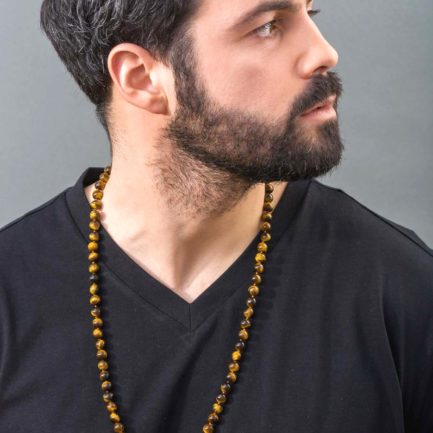 Tiger Eye 8mm Men's Beaded Necklace in Sterling Silver 925