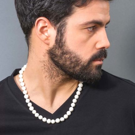 Coral rough 10mm Men's Beaded Necklace in Sterling Silver 925