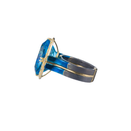 Titanium Ring with Blue Topaz oval with Diamond halo