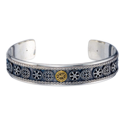 Byzantine symbol ΑΡΧΟ Open Cuff Bracelet 18k Yellow Gold and Sterling Silver