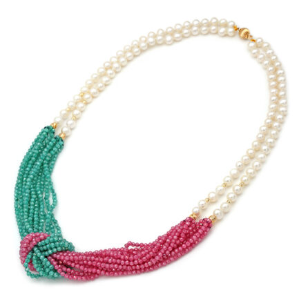 Two-Row Pearl and Agate Necklace in 14K Gold
