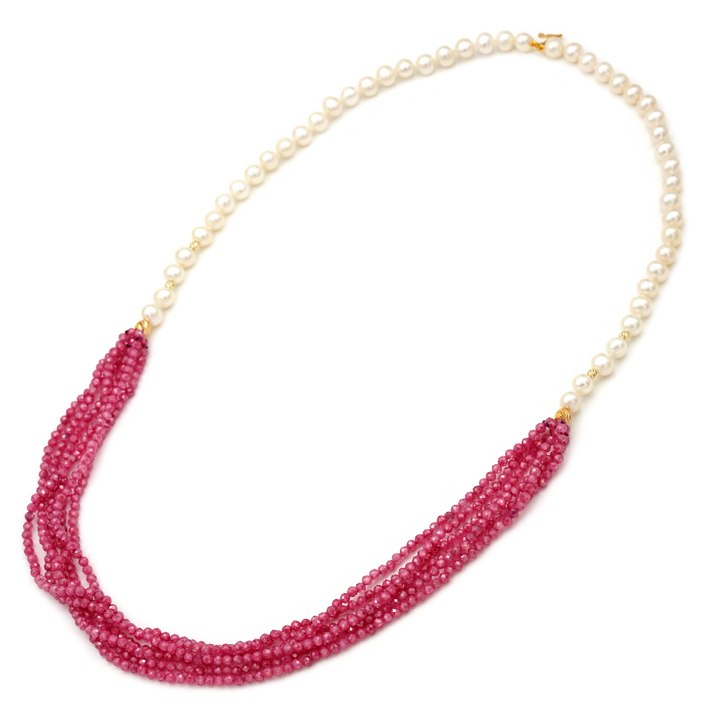 Luxury Two-Row Pearl and Agate Necklace in 14K Gold - Image 3