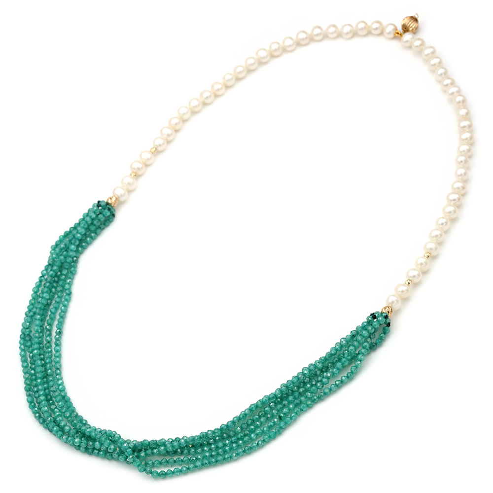 Luxury Two-Row Pearl and Agate Necklace in 14K Gold - Image 4