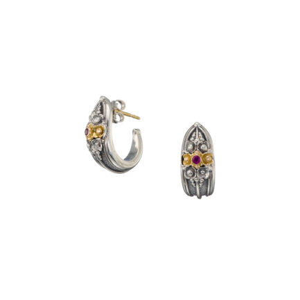Half Hoop Earrings Ruby 18k Gold and Silver 1162
