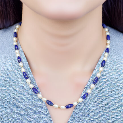 Freshwater Pearl and Lapis Lazuli Necklace with 14K Gold