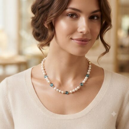 Pearl Necklace with London Blue Topaz and 14K Gold